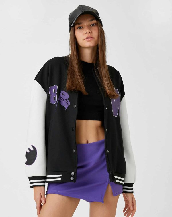Oversize Bomber College Jacket Printed Fleece Inside – Image 2